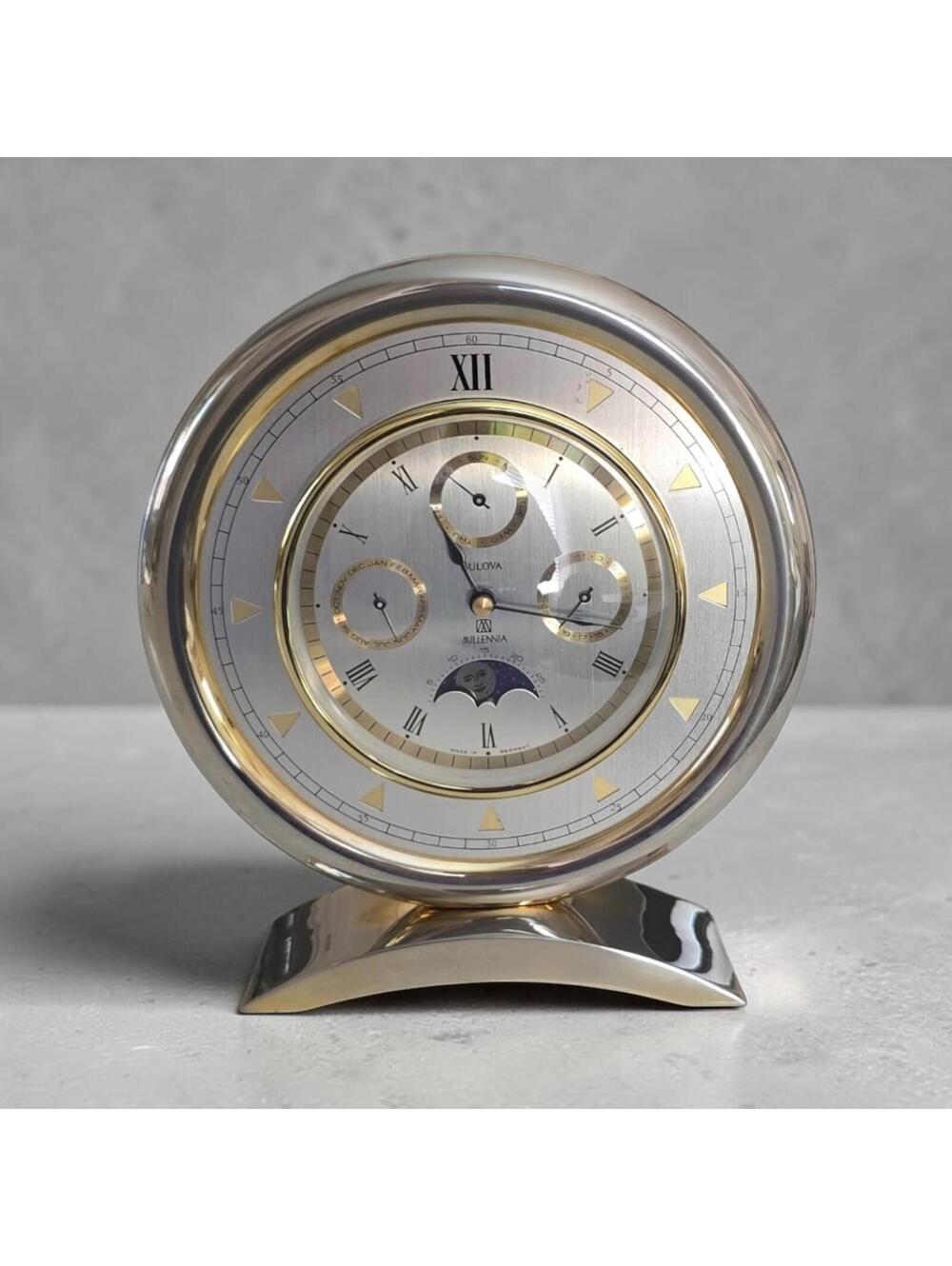 Vintage Bulova Millennia Table Clock German Brass Moon Phase Multi-Funct WORKS!